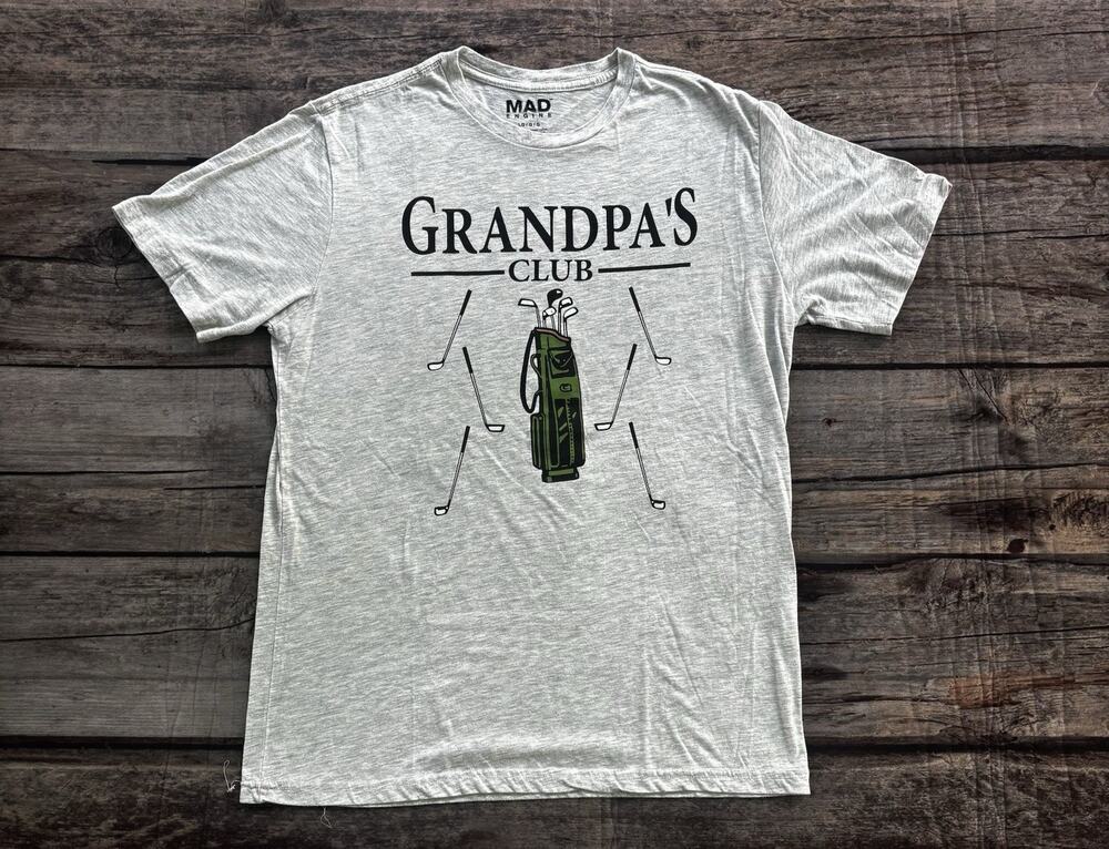 Mad Engine Grandpa's Clubs Golfing Bag Graphic T Shirt Mens Size Large Golf Gray